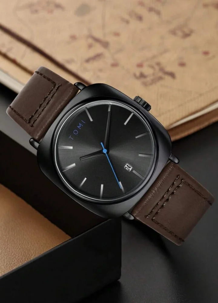 TOMI Leather Strap Men's Watch – All Black Elegance