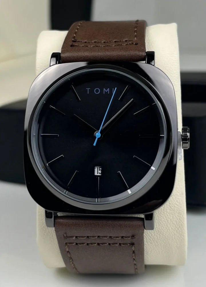 TOMI Leather Strap Men's Watch – All Black Elegance