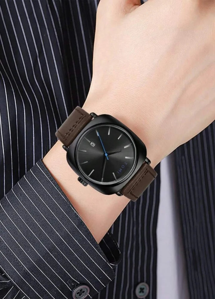 TOMI Leather Strap Men's Watch – All Black Elegance