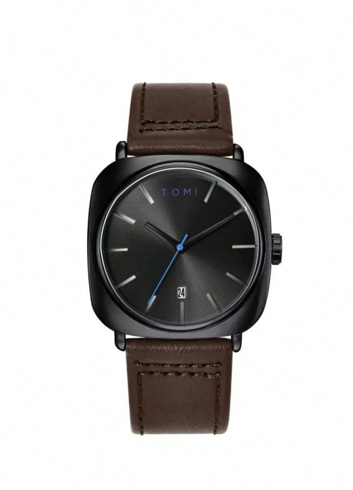 TOMI Leather Strap Men's Watch – All Black Elegance