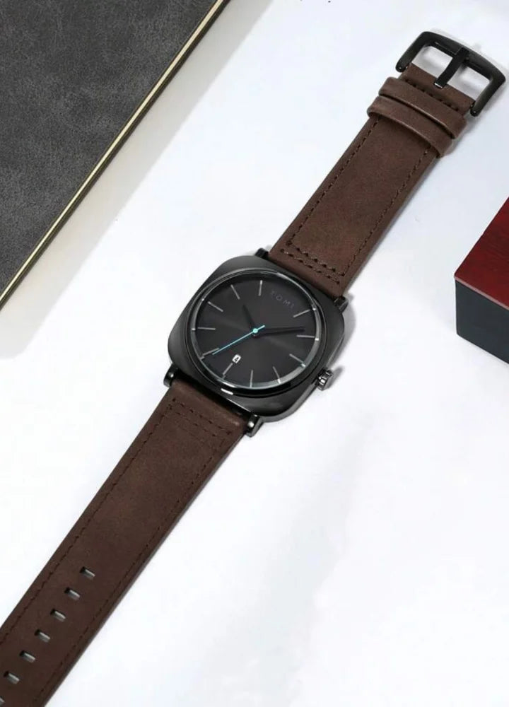 TOMI Leather Strap Men's Watch – All Black Elegance