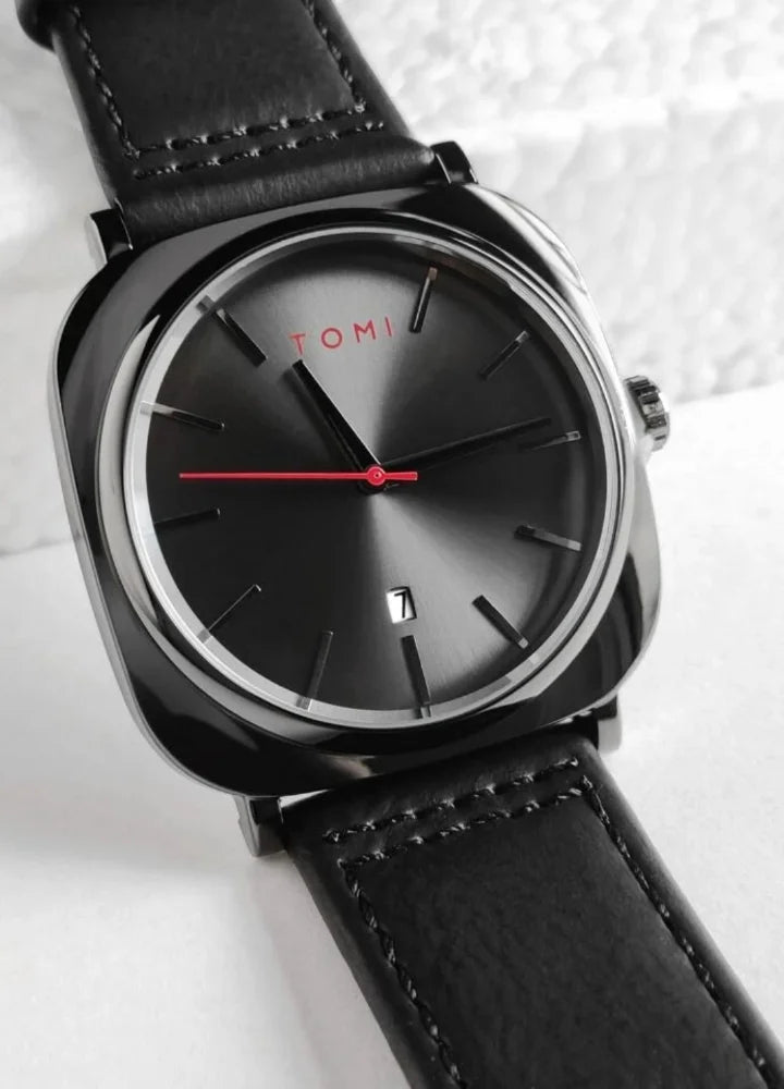 TOMI Leather Strap Men's Watch – All Black Elegance