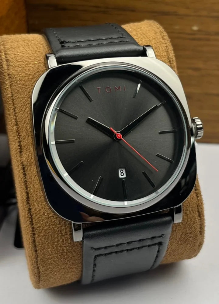 TOMI Leather Strap Men's Watch – All Black Elegance